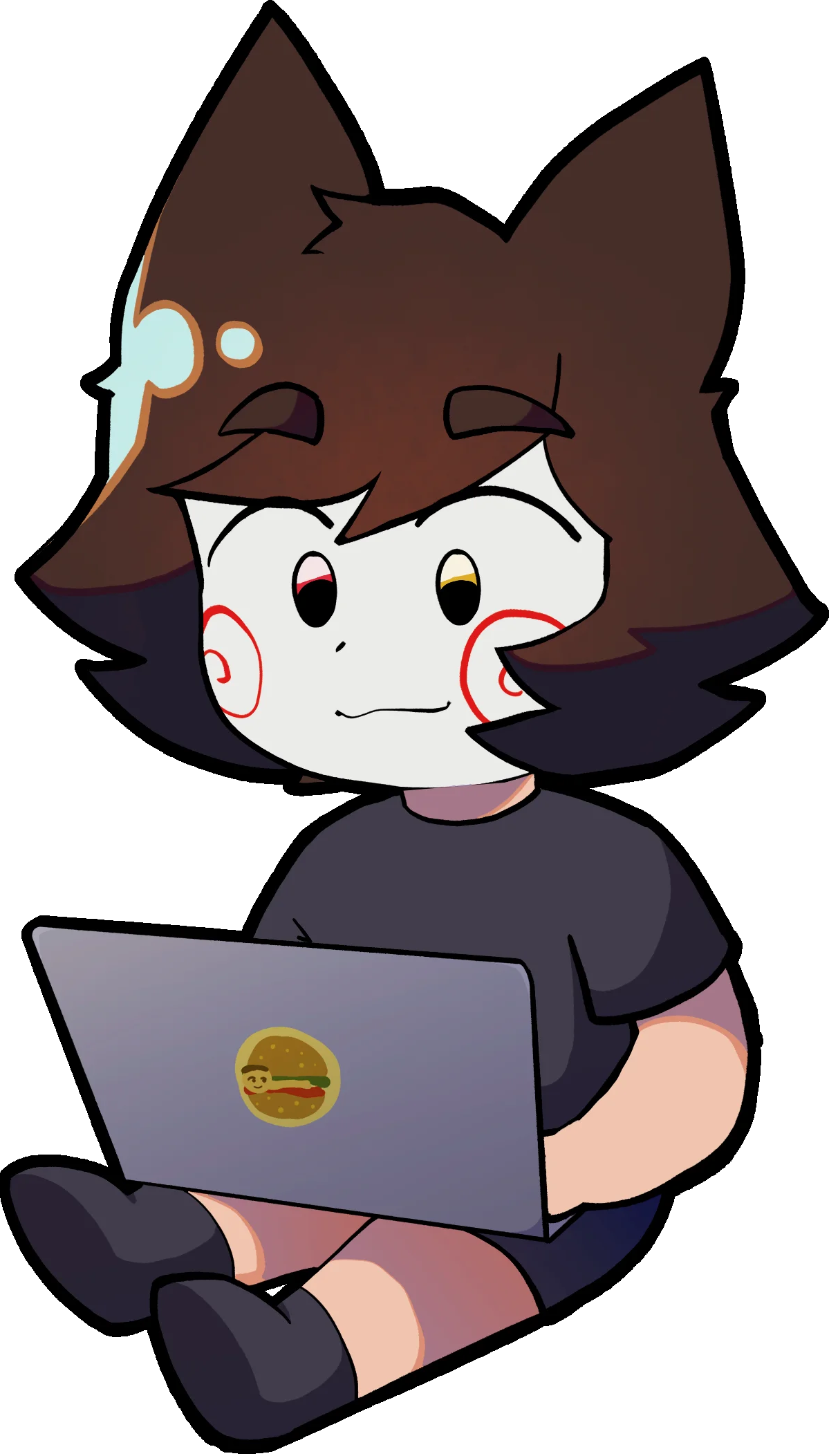 Maskee (personaje con máscara blanca, piel pálida, cabello castaño y orejas de gato) usando un computador